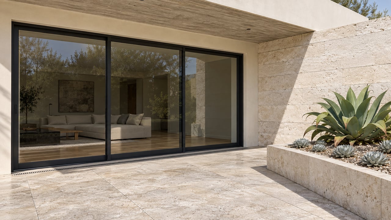 Sunlit limestone terrace beside an ivory stucco home with closed dark-framed glass doors and a raised bed of sculptural succulents.