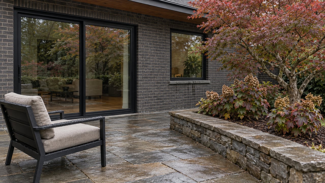 Dark brick home opening onto a rain-damp stone terrace with a black lounge chair, Japanese maple and oakleaf hydrangeas behind a low stone retaining wall.