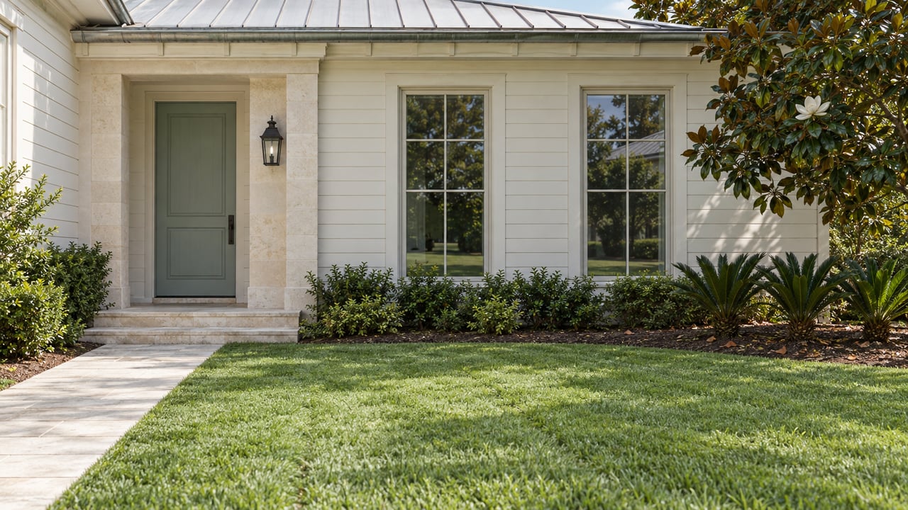 Ivory clapboard house entry with a sea-glass door, limestone path, broad lawn, and magnolia tree.