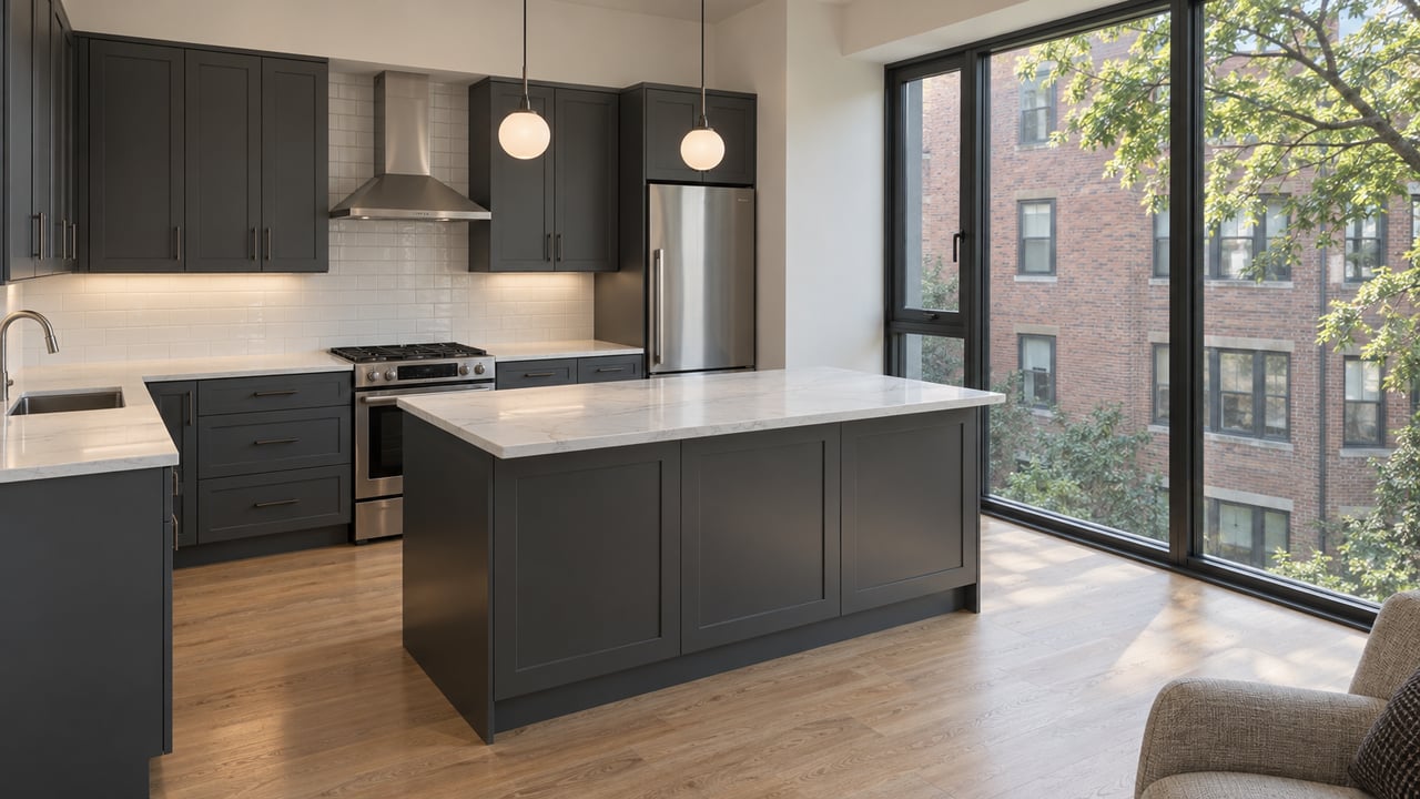 Open-plan apartment kitchen with charcoal cabinets, pale oak floors, an island, and a window facing a brick facade.