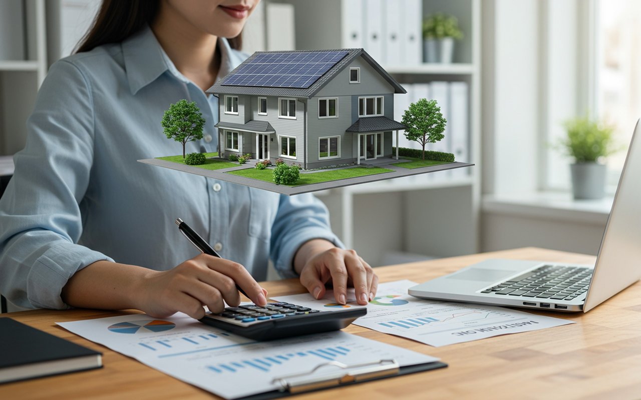 Woman calculates finances beside a model home with solar panels.