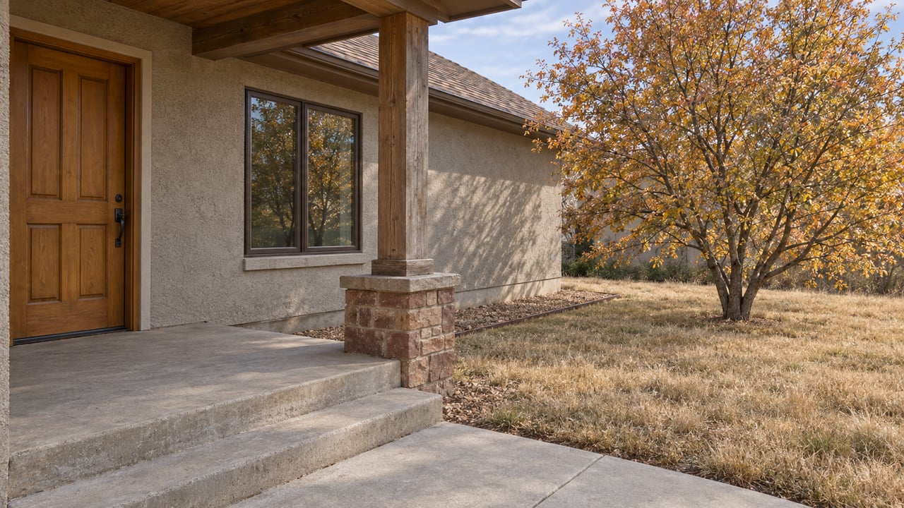 A timber-fronted porch with sandstone supports overlooks a modest autumn yard beside a warm-gray stucco home.