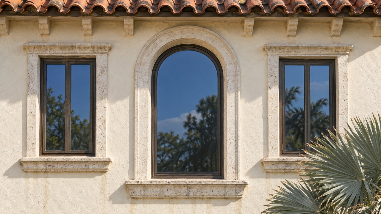 Cream stucco facade with arched bronze-framed windows, weathered terracotta tiles and silver-backed palm leaves.