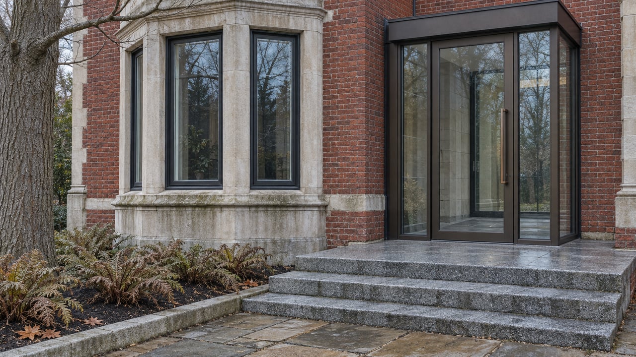 Red brick residence with limestone bay windows, an enclosed glass entrance and damp granite steps beside dormant ferns.