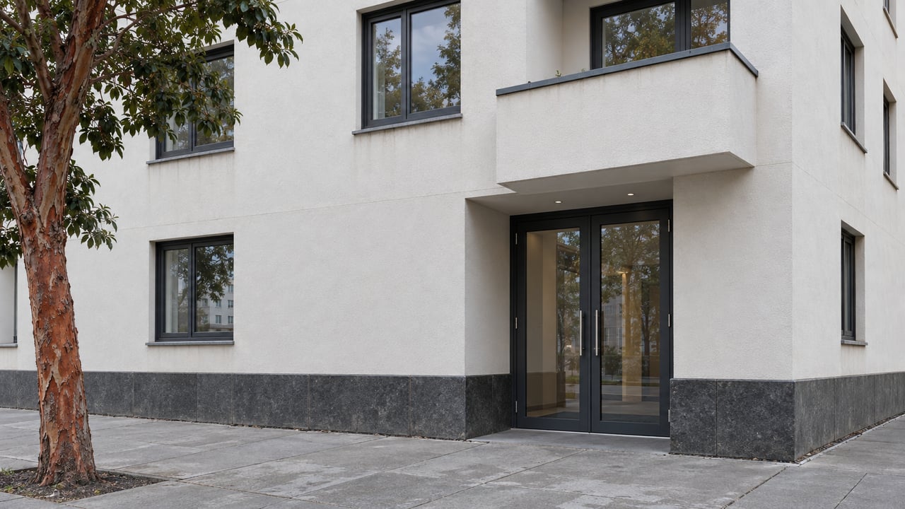 Warm-white residential building corner with dark-framed windows, a glazed entry, and a tree beside the sidewalk.