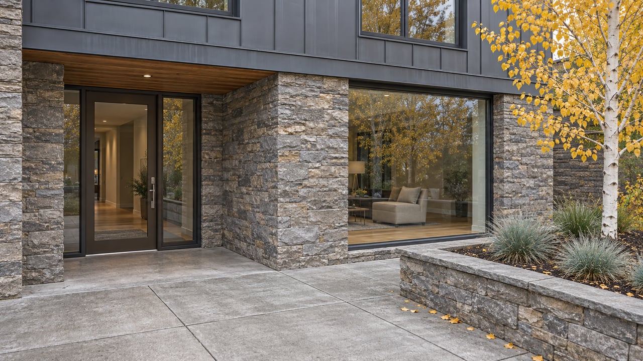 Contemporary condominium entrance with dark metal cladding, stone walls, a concrete terrace and a yellow-leaved aspen in a raised planter.