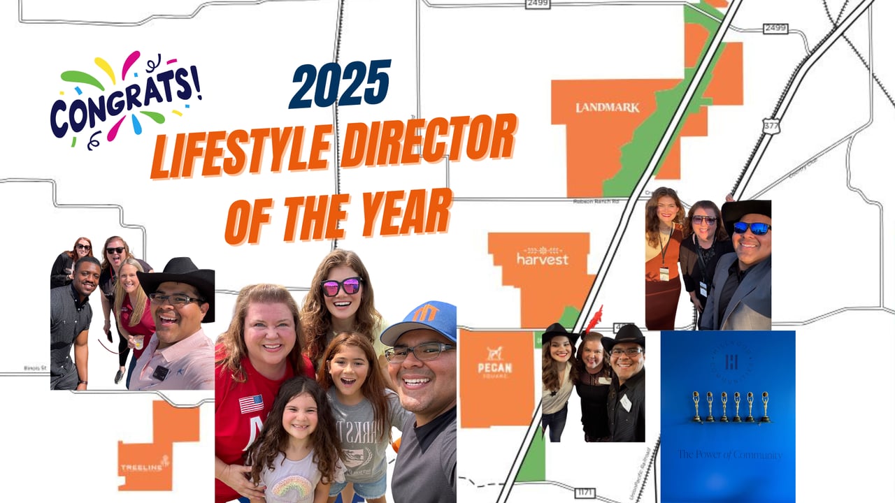 Paige Edson Miranda congratulate Page Austin 2025 Lifestyle Director of Year with Hillwood Communities map Harvest Pecan Square Landmark
