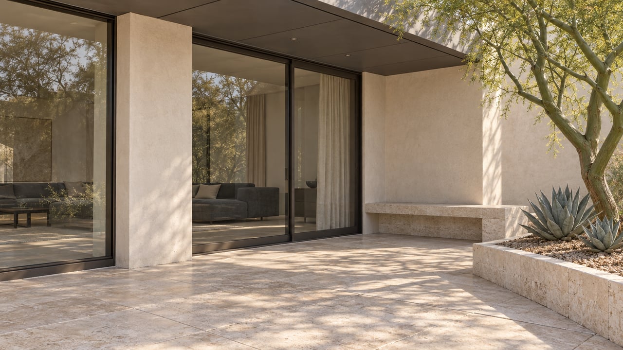 Contemporary desert home's limestone terrace, bronze-framed glass doors and sculptural palo verde beside a raised agave bed.