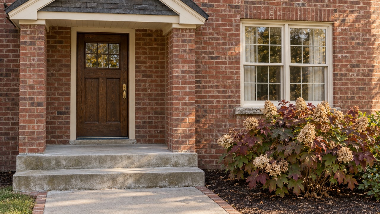 Close view of a red-brown brick home with a oak entry door, ivory-framed window, concrete steps, and autumn oakleaf hydrangea.