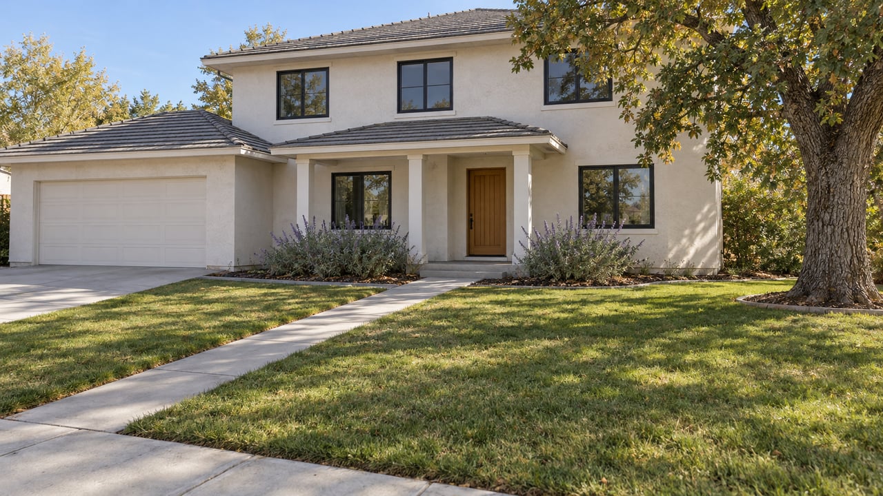Sunlit two-story stucco house with a deep front lawn, concrete entry walk and mature oak.