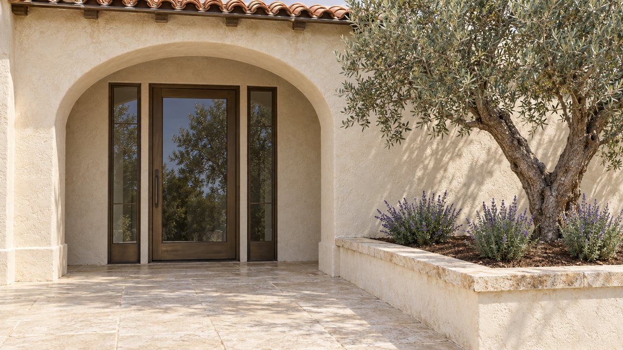 Warm ivory stucco entry with terracotta eaves, bronze-framed glazing, limestone paving and a mature olive in a raised planter.