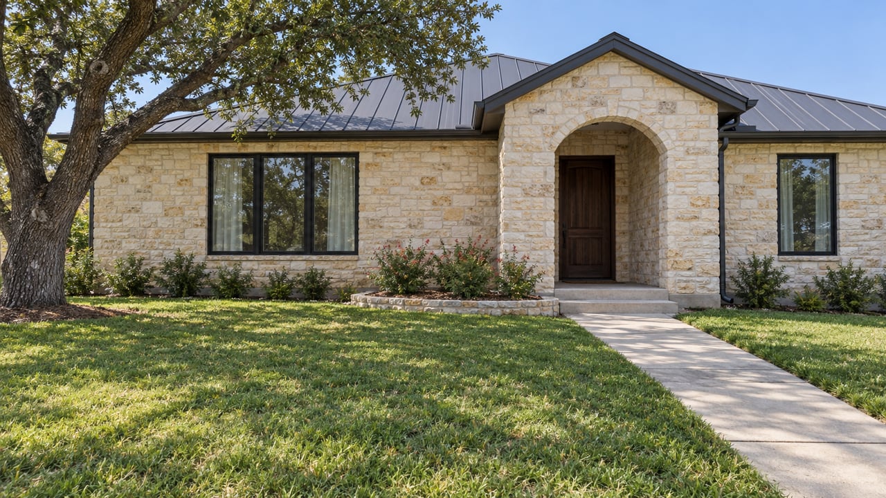 A limestone home behind a broad lawn, with a shaded arched entry, dark windows and a mature live oak.