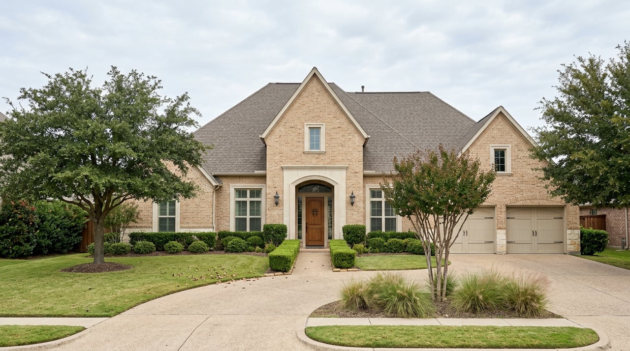 Traditional brick-and-limestone estate with steep gable, broad live oak, deep lawn, and curving driveway.