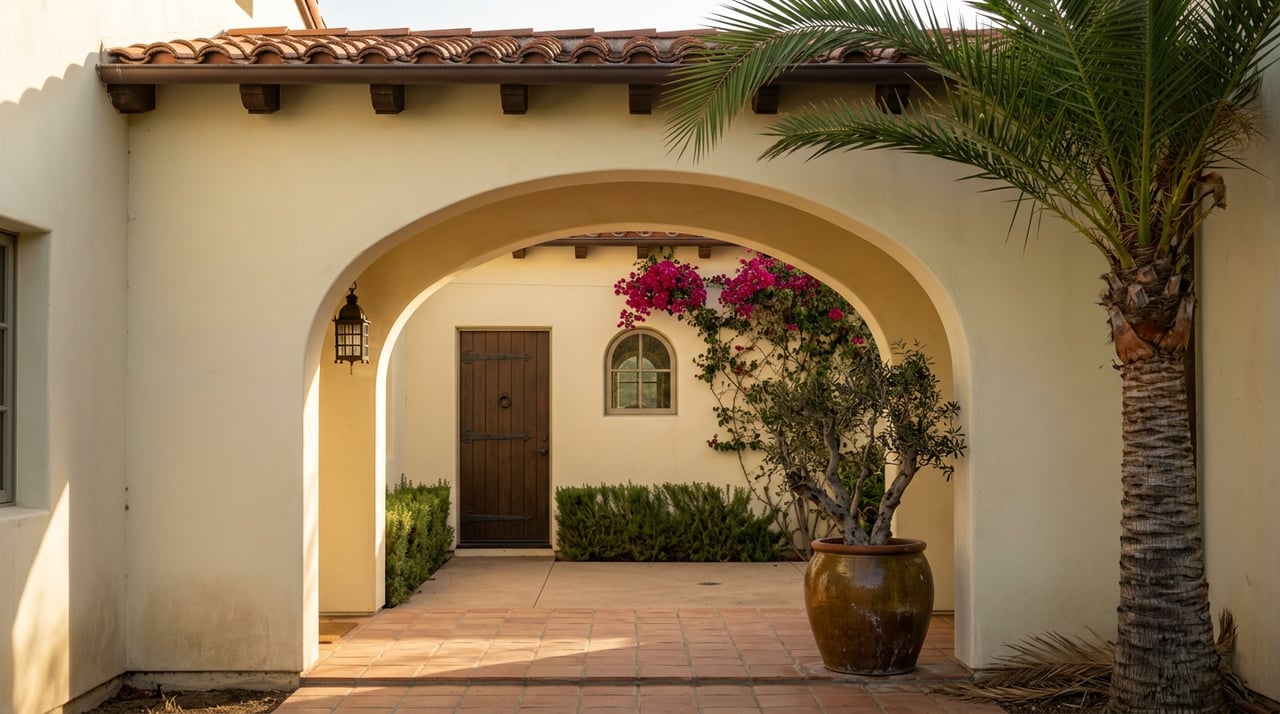 Round stucco arch framing a courtyard with a plank door, magenta bougainvillea, and palm and olive trees.