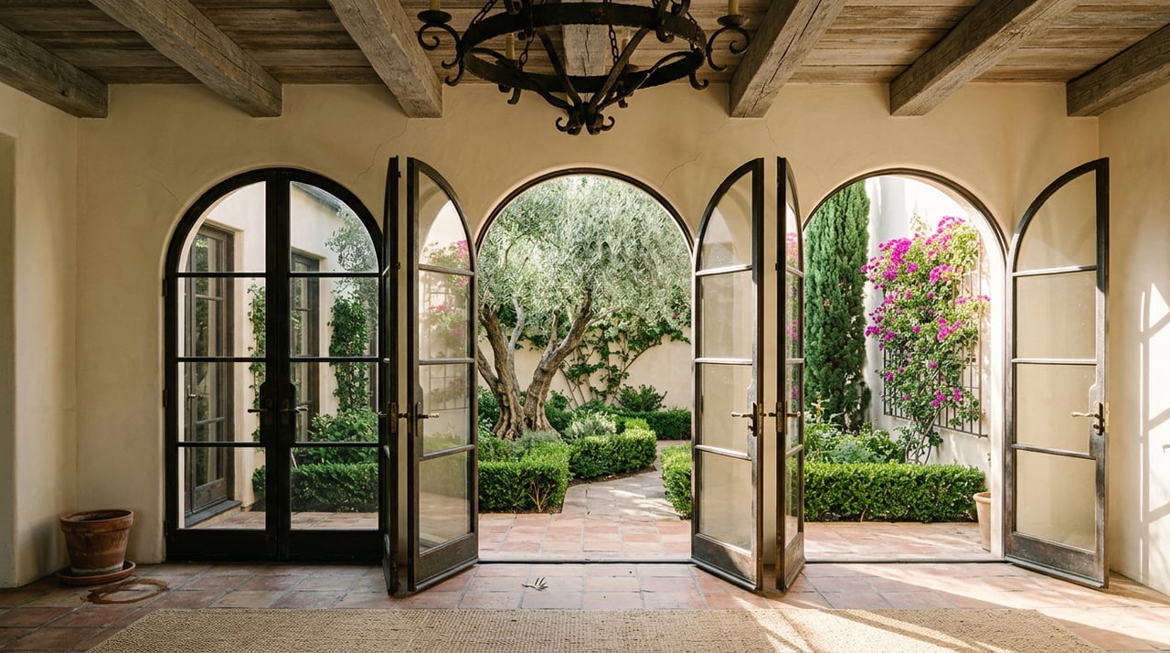 Arched French doors open onto a courtyard with an olive tree, clipped hedge, cypress, and magenta bougainvillea.