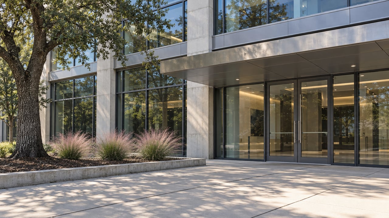 Office entry with glazed doors beneath a metal canopy, framed by an oak and ornamental grasses.