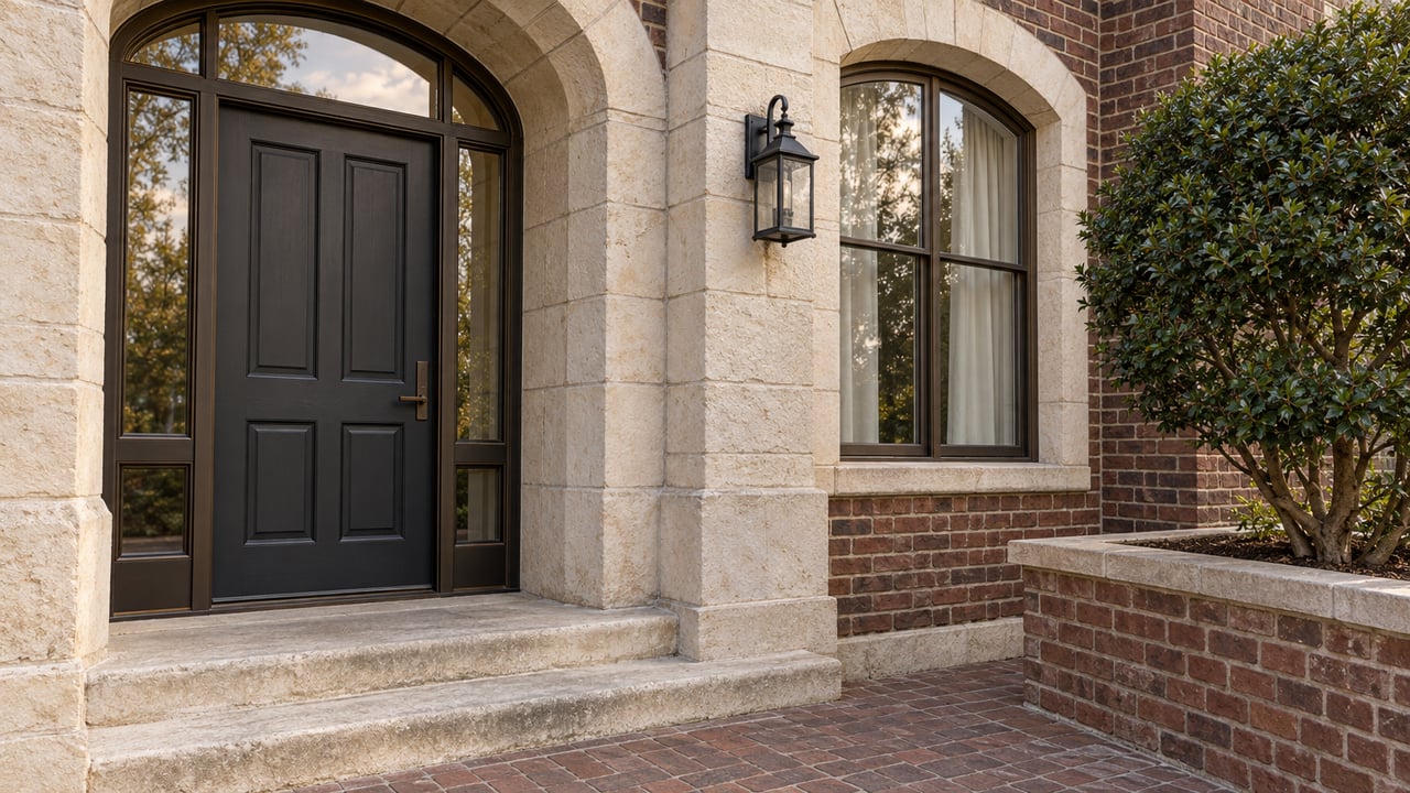 A recessed charcoal residential door beneath a limestone arch, beside a bronze-framed window and a single yaupon specimen in a raised brick planter.