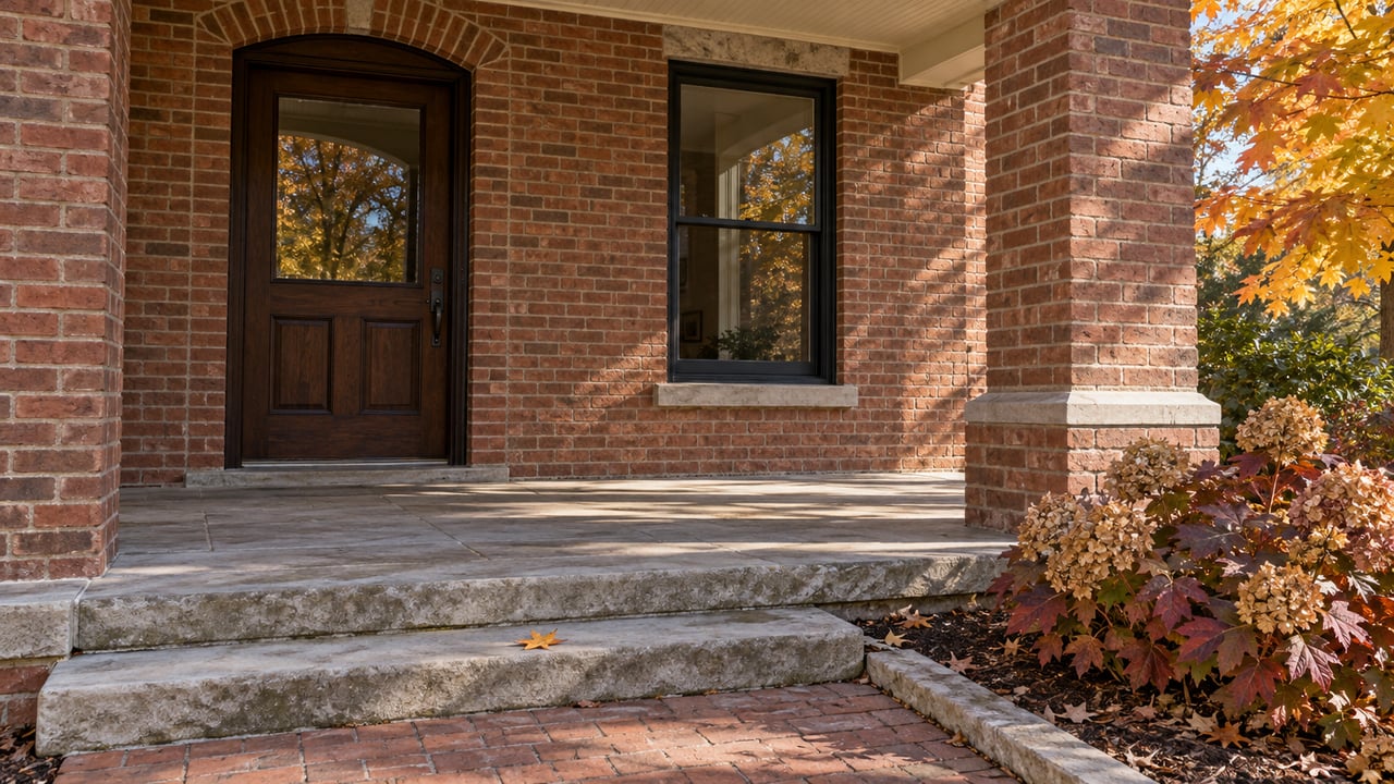 Covered red-brick home entry with an arched oak door, worn limestone steps, and autumn oakleaf hydrangeas.