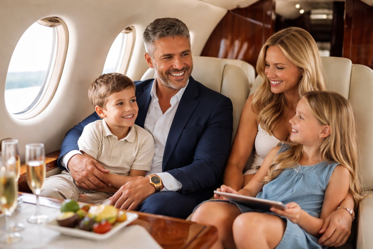 Husband, wife, and two kids enjoying the luxury of private plane ride into Boca Raton airport in South Florida. Man represents luxury with watch.