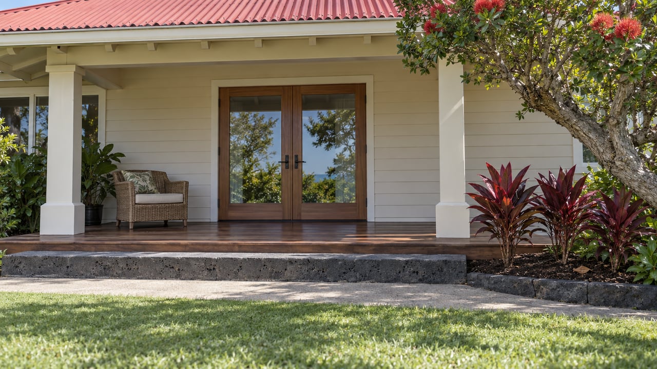 Cream wood-sided home with a red metal roof, sheltered timber lanai, basalt step and carefully planted lawn.
