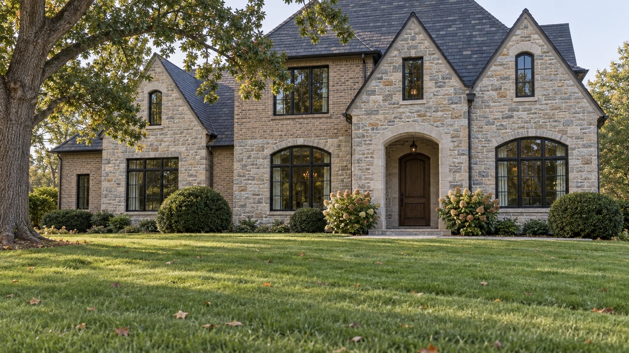 Two-story limestone and brick house with dark slate gables, arched windows, and a broad front lawn.