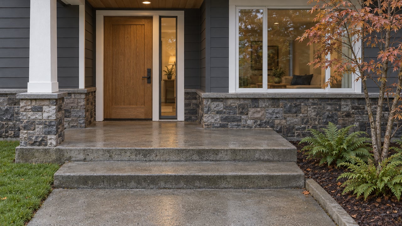 Covered oak entry with charcoal siding, basalt veneer, damp concrete steps and autumn maple foliage.