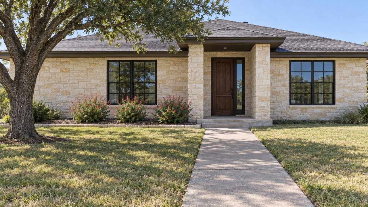 Single-story limestone home with black-framed windows, a recessed oak entry, and a broad lawn shaded by a mature live oak.