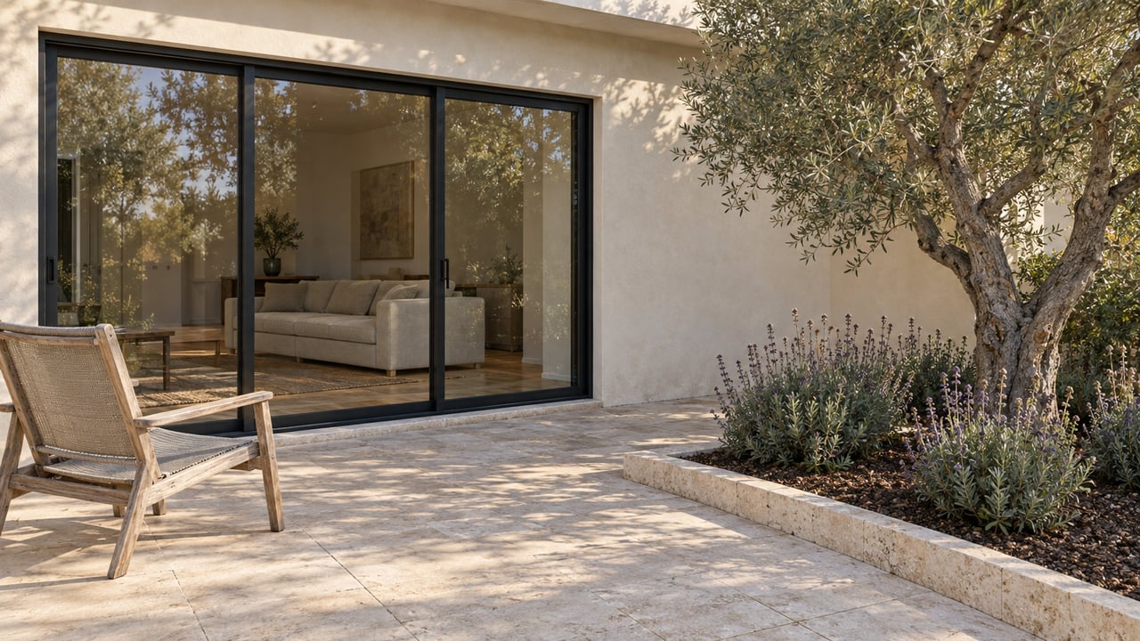Morning light falls across a limestone terrace beside an ivory stucco home, with black-framed glass doors and a sculptural olive tree.