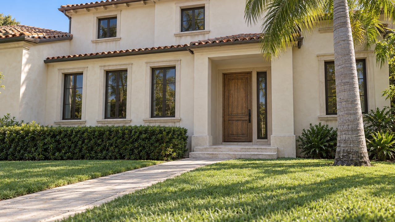 An ivory stucco home with terracotta roof tiles, dark-framed windows and a limestone entry beyond a broad lawn and shell-toned paver walk.