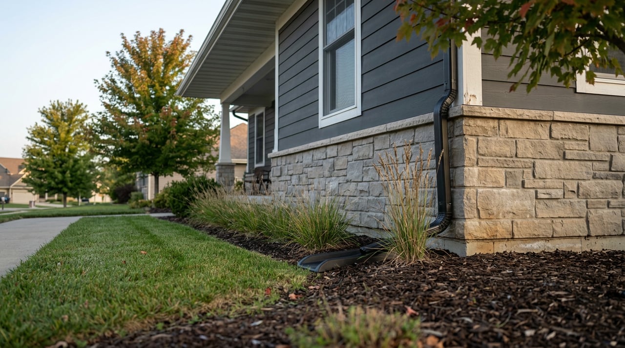 Stone foundation beneath charcoal siding, with a downspout extension crossing mulch beside ornamental grasses.