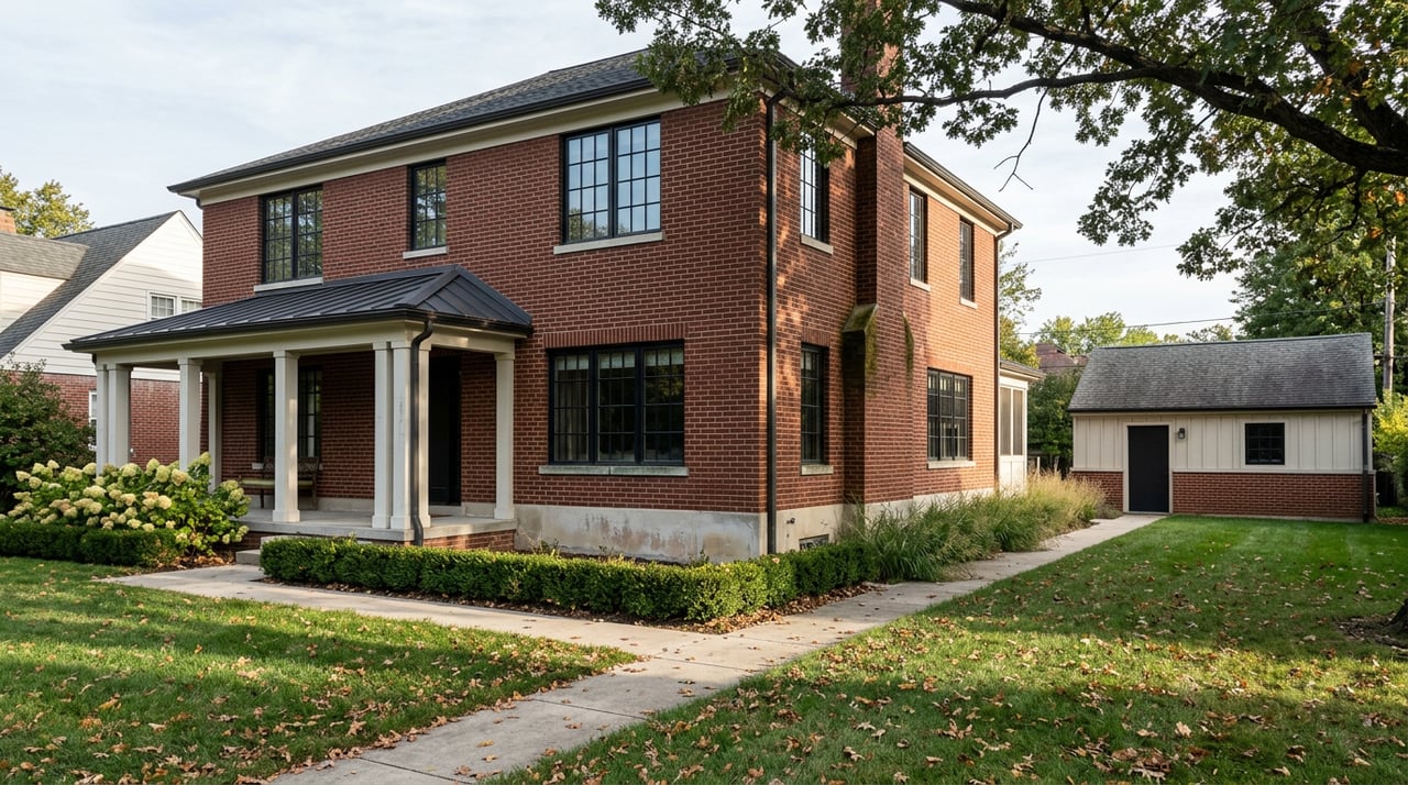 Brick house with a covered porch, clipped hedge, and deep side lawn leading to a detached garage.