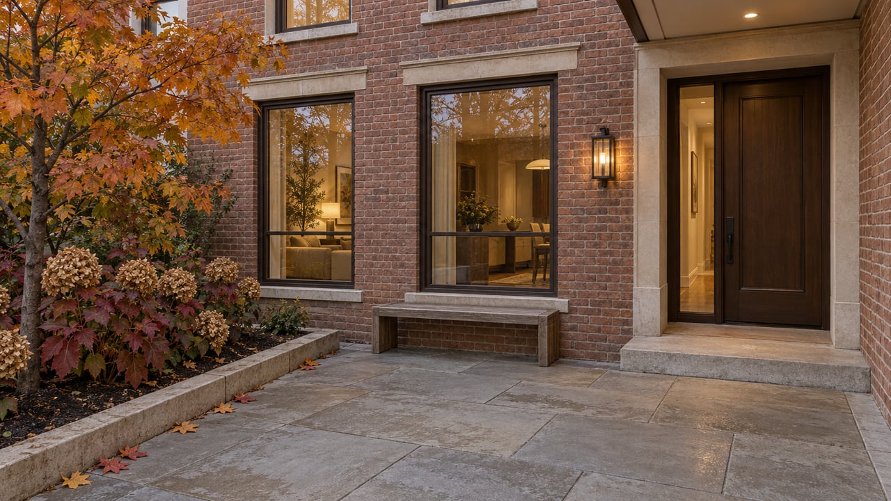 Evening light on a brick townhouse entrance with sandstone terrace paving, a teak bench, and autumn planting.