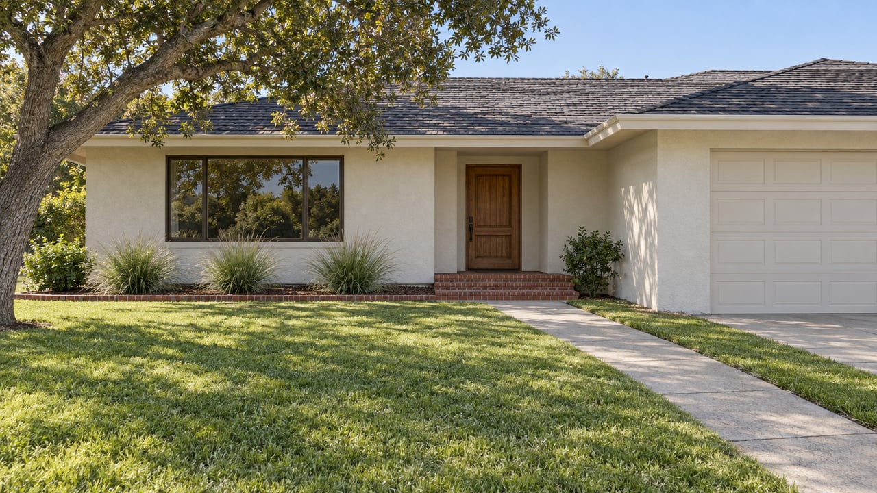 A broad cream-stucco home beyond a deep green lawn, with an oak tree, brick entry steps, and a concrete approach walk.