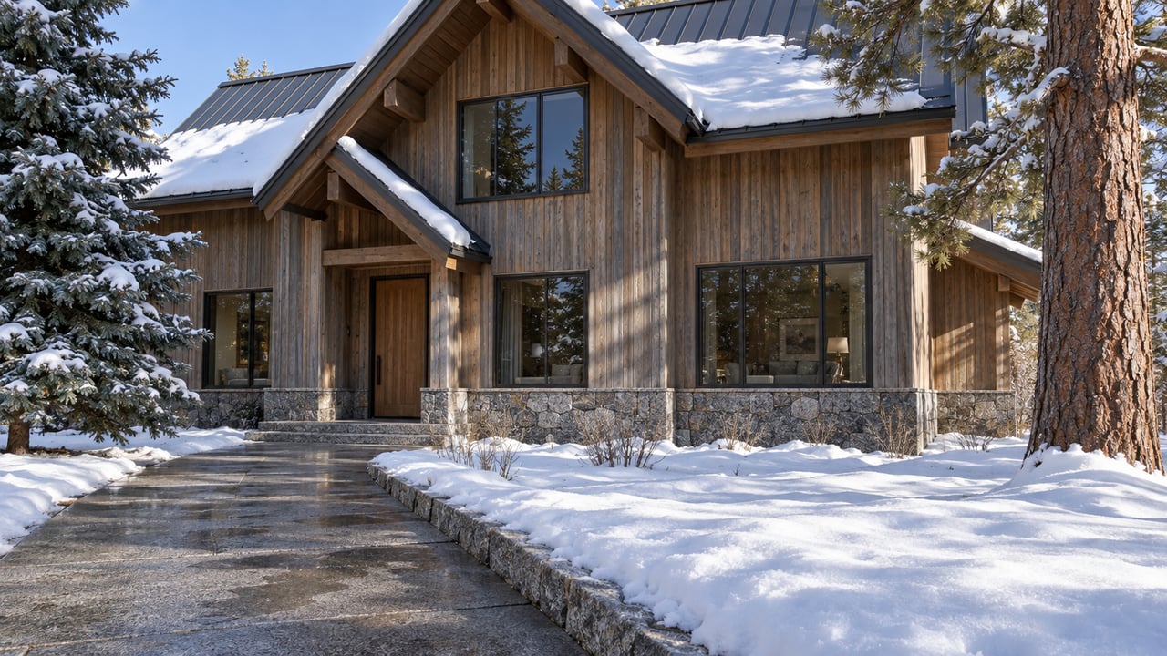 Snow settles around a cedar-clad home with granite foundations, deep eaves and large windows beside two mature conifers.