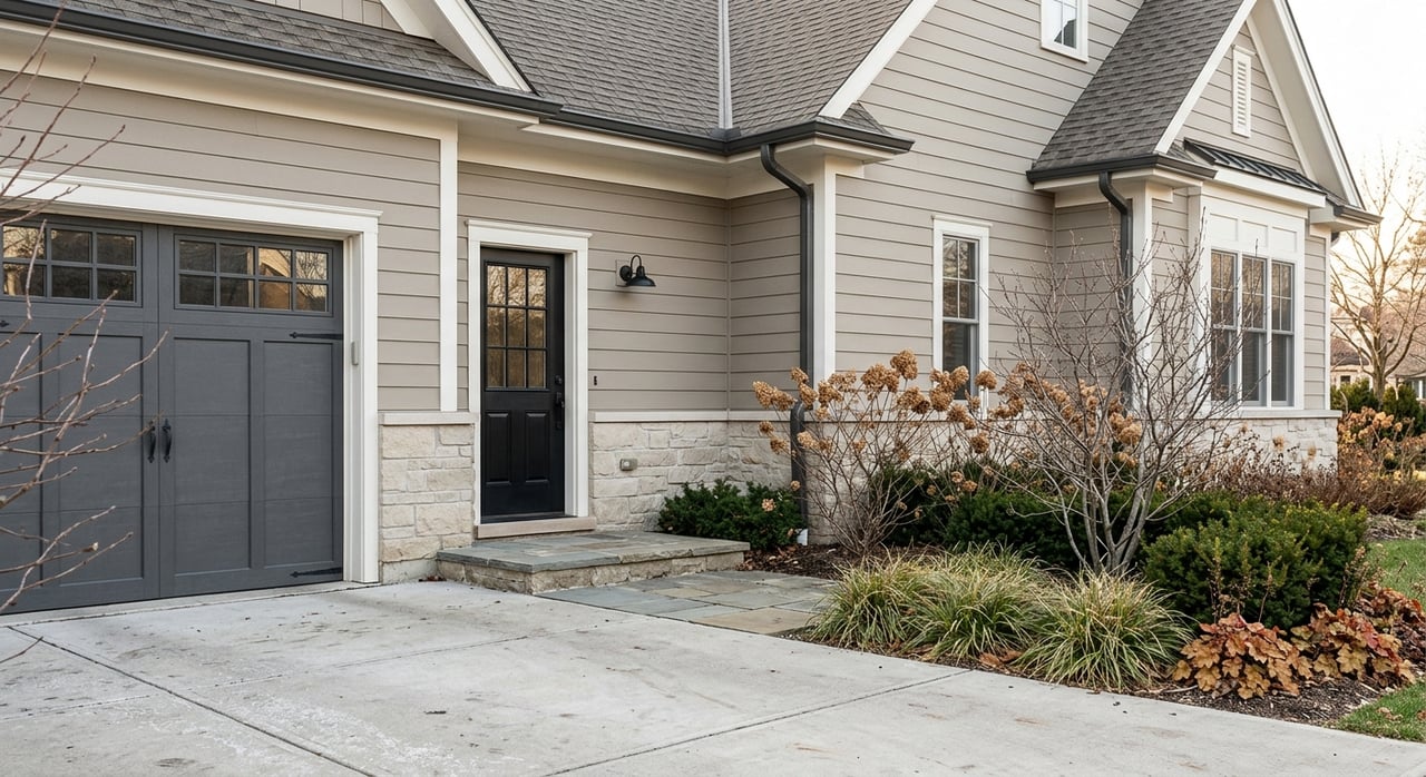 Charcoal garage door beside a black half-glass entry door, bluestone stoop, and landscaped driveway edge.
