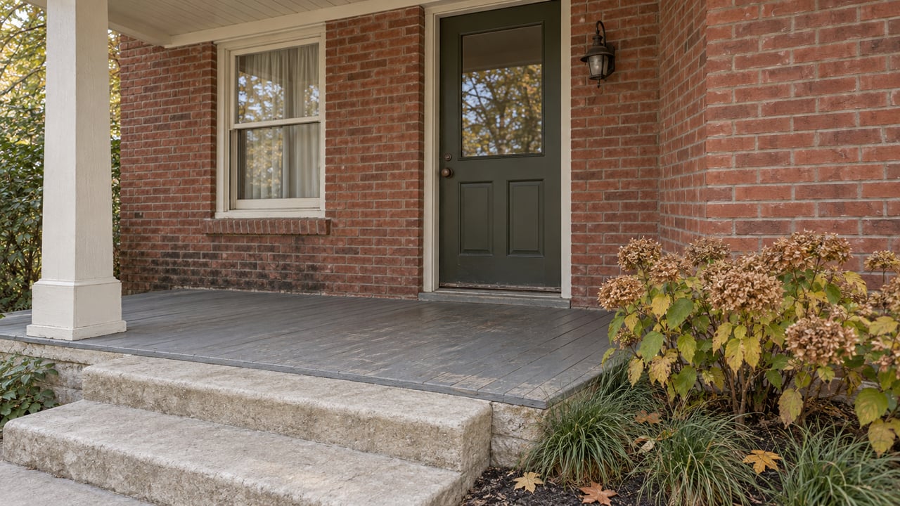 A covered brick home's olive front door and cream-trimmed window above a weathered gray porch, limestone steps, and autumn hydrangeas.