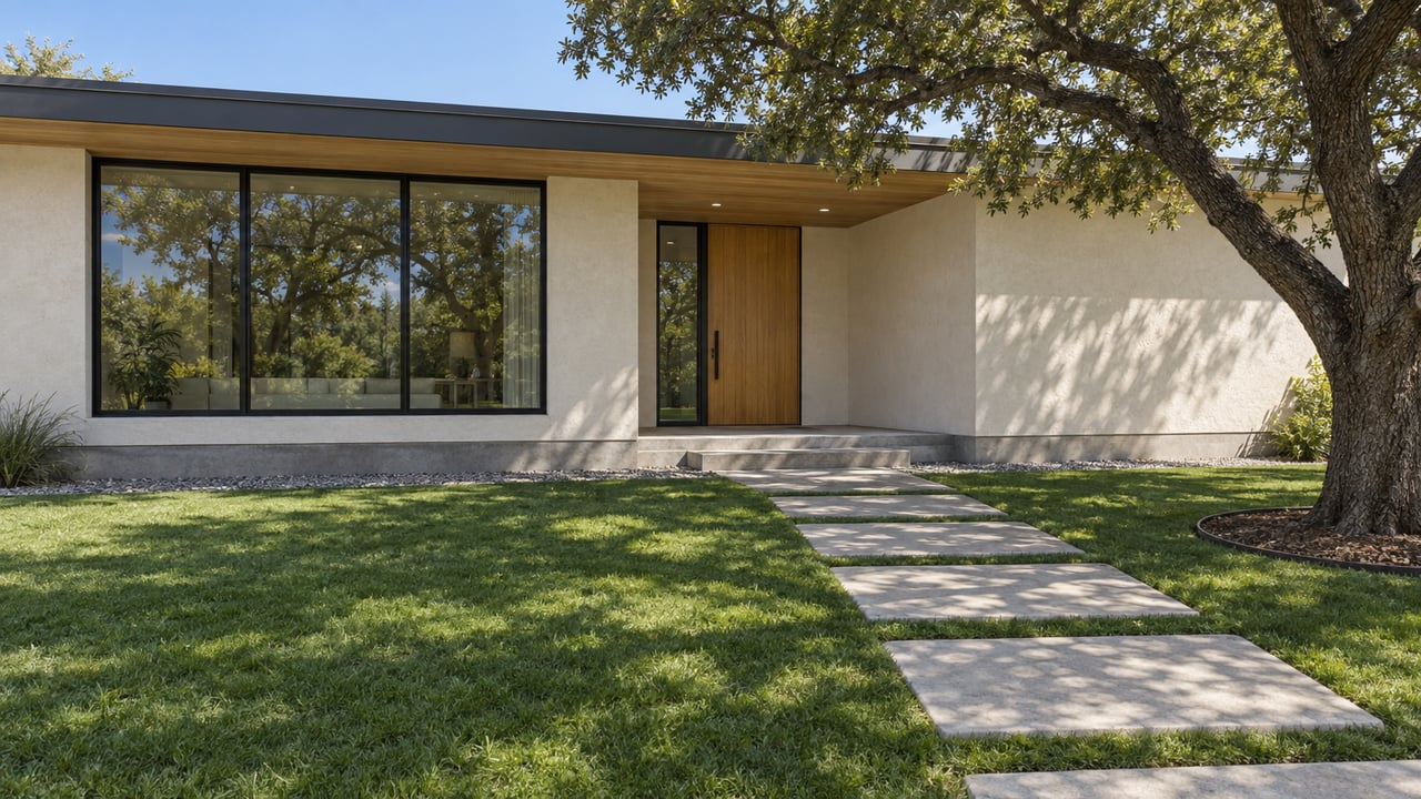 Modern single-story home with ivory stucco, broad roof overhang, black-framed windows, and concrete stepping slabs crossing a deep lawn beside a mature live oak.