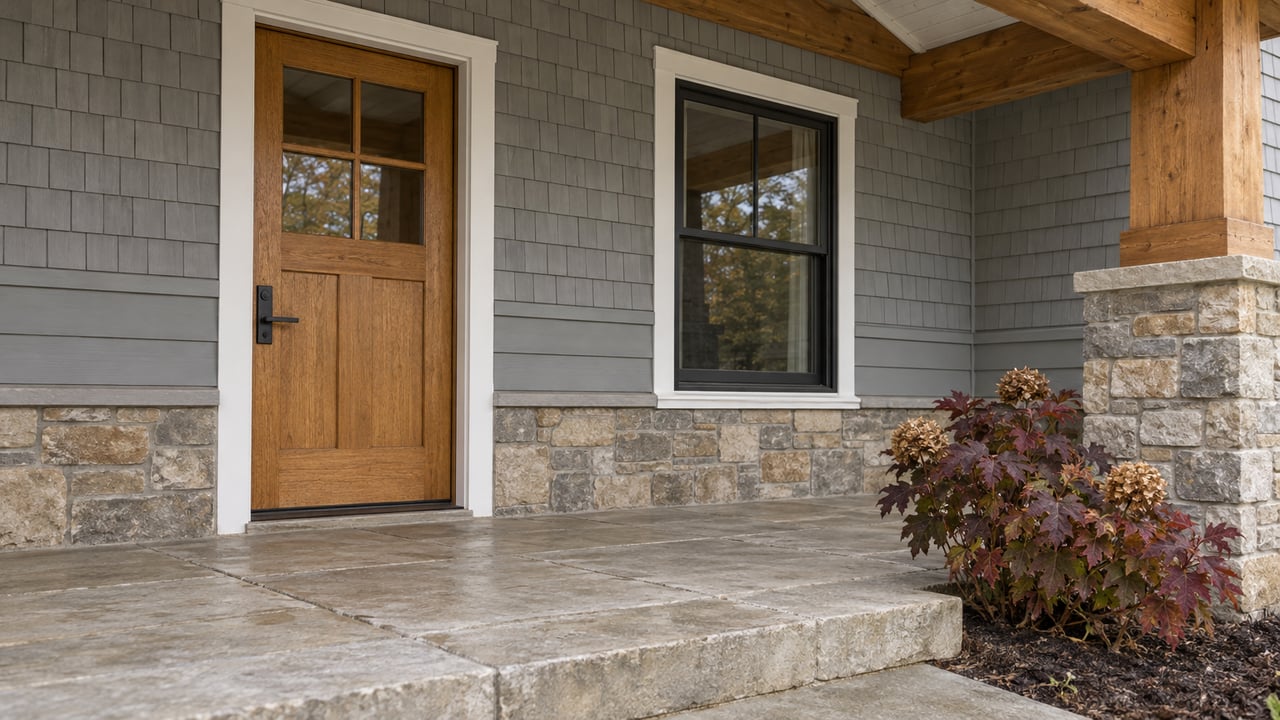 Covered home entry with an oak glazed door, gray siding, stone pier and limestone porch beside burgundy oakleaf hydrangea.