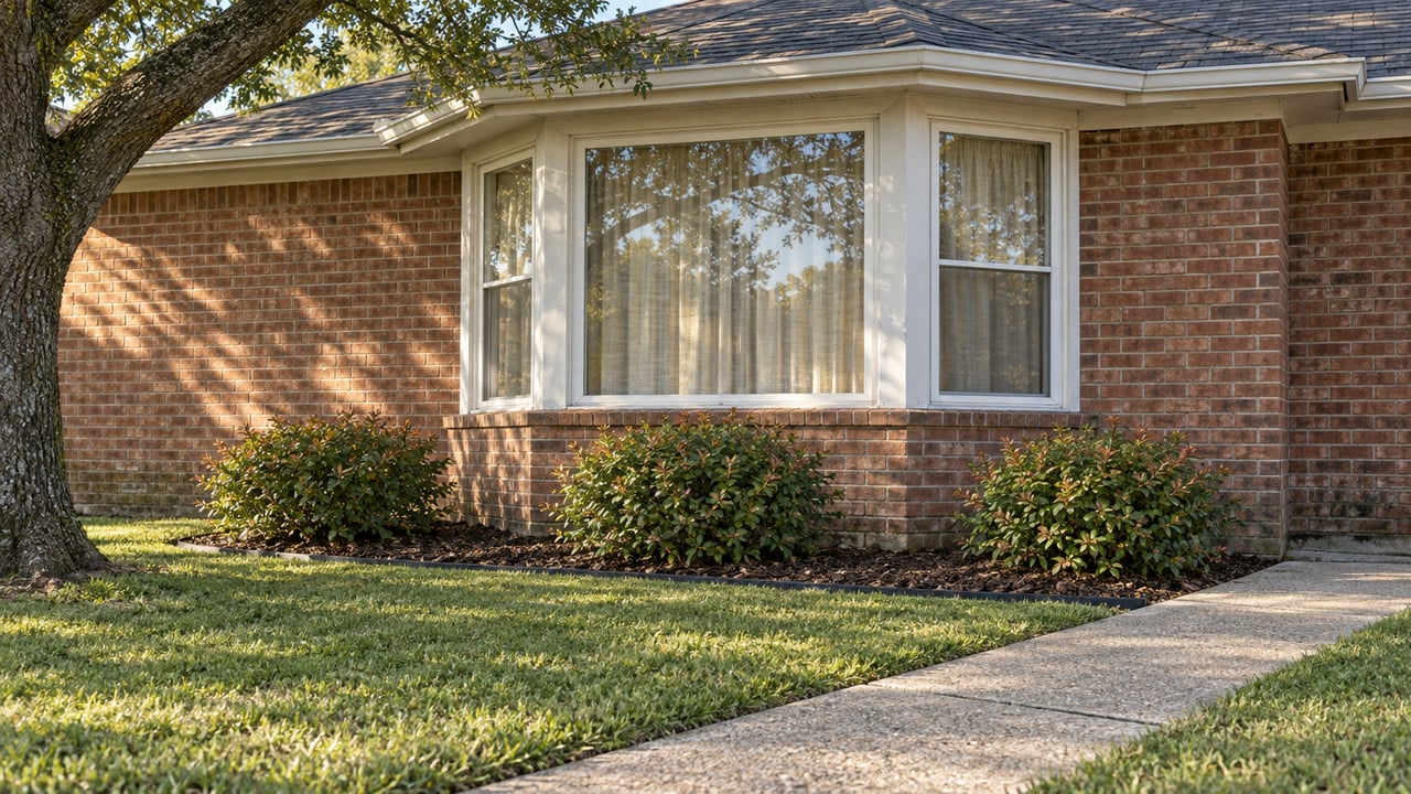 Morning light on a red-brown brick home's white-framed bay windows, with a lawn, concrete walk and mature oak branch.