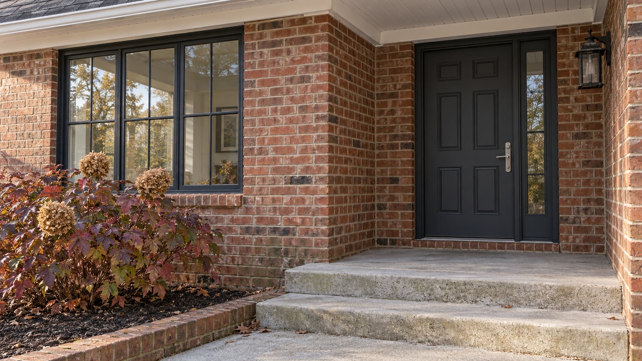 Brick home entry with a charcoal door, black-framed window, concrete steps and autumn oakleaf hydrangea.