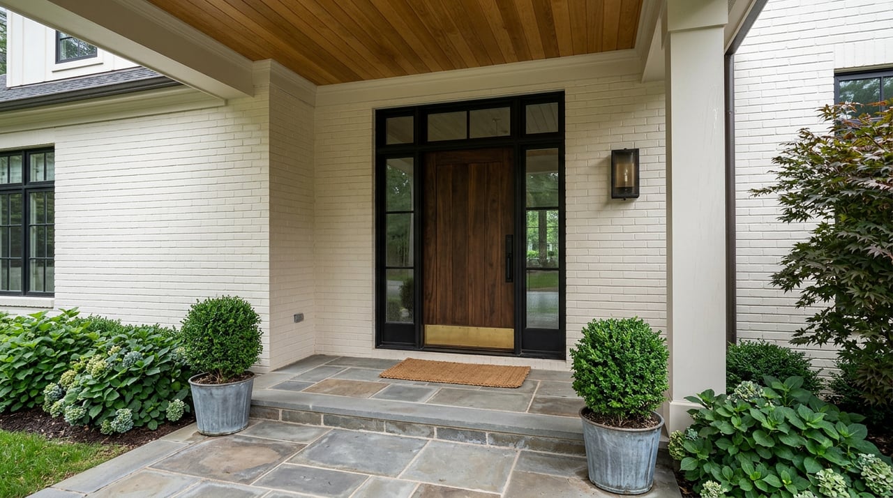Off-white brick entry portico with a walnut door, black-framed glass sidelights, and boxwood topiaries in zinc planters.