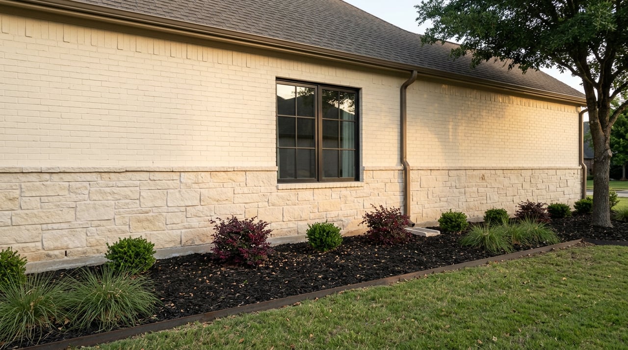 Cream-brick house wall with limestone base, divided black window, bronze downspout, lawn, and oak canopy.