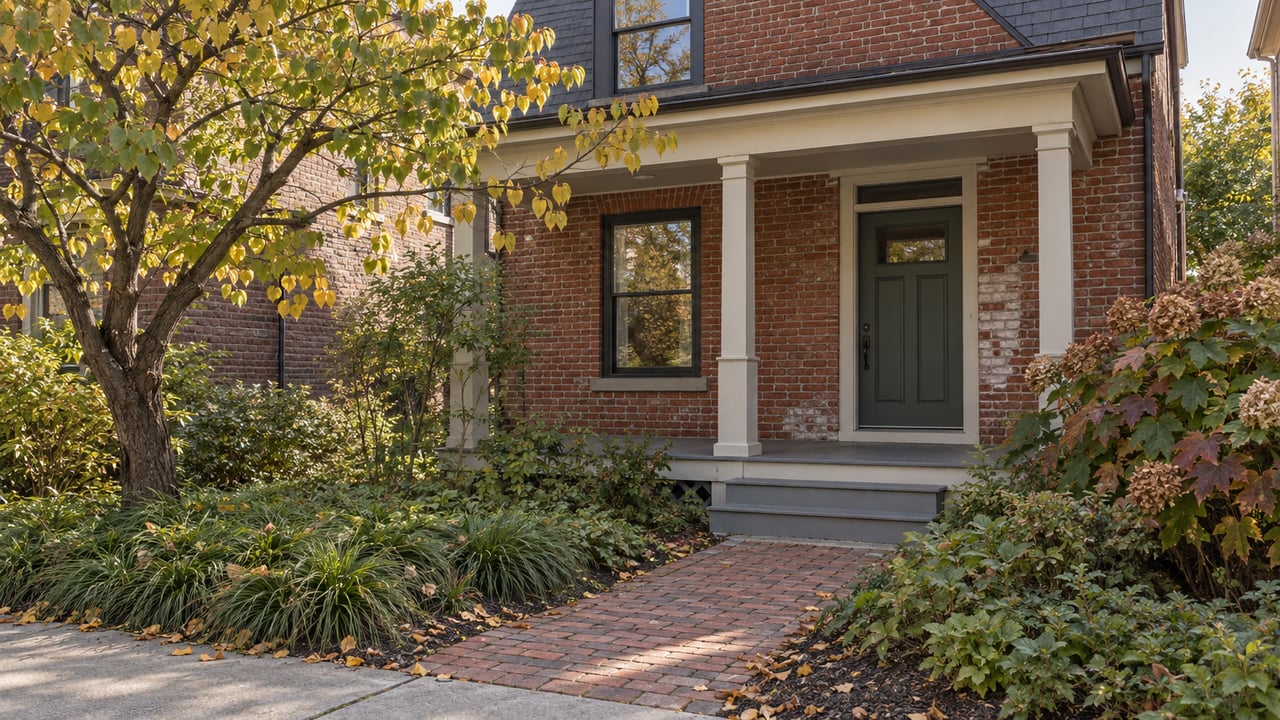 Narrow red-brick home with a timber porch, short brick walk, and autumn garden