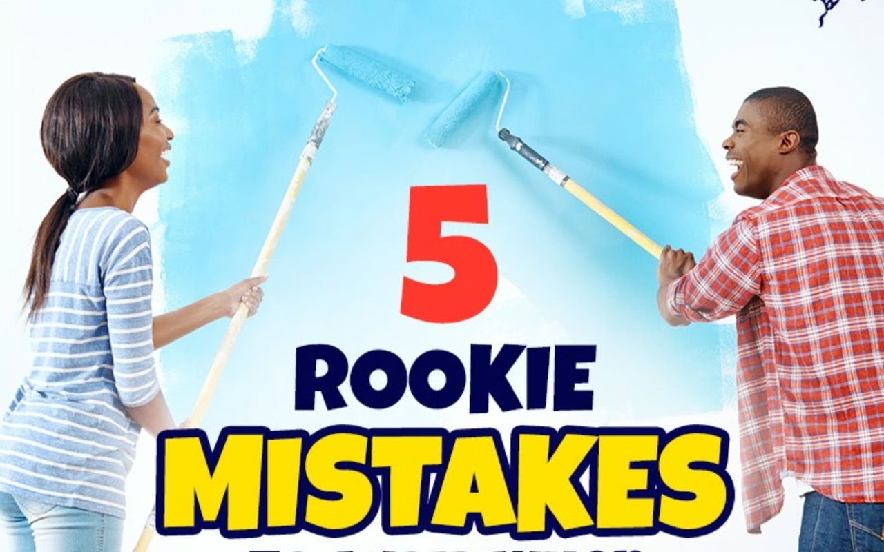 Graphic reading “5 Rookie Mistakes,” with two people painting a blue wall.