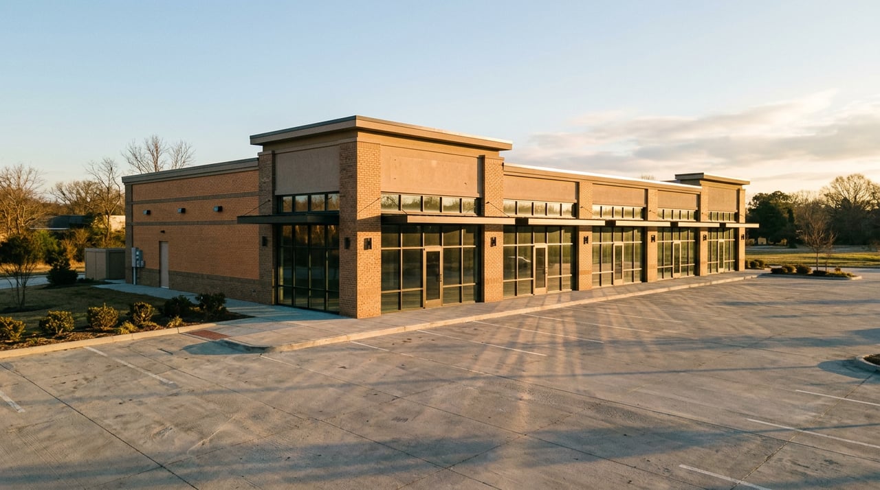 Single-story retail building with red brick, sand stucco, bronze fascia, and a young live oak beside its concrete apron.