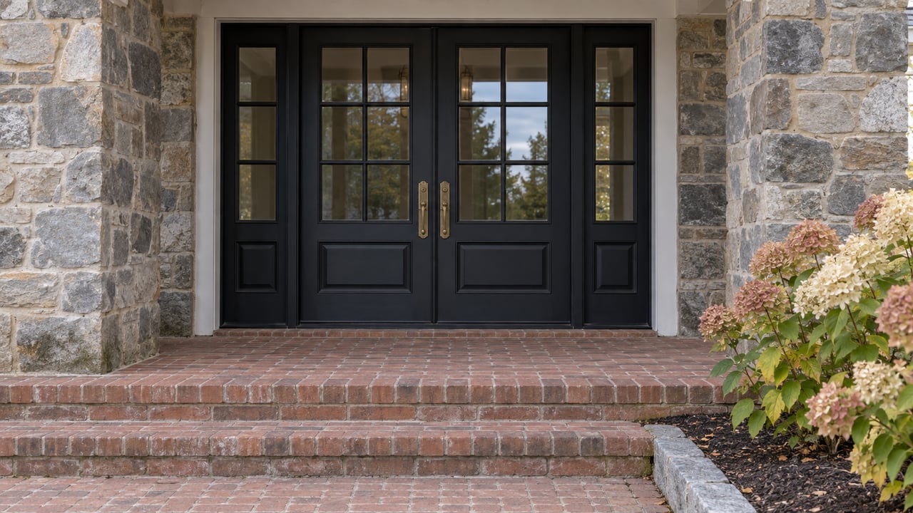 Paired black glazed front doors sheltered by white timber and gray stone, with worn brick steps beside autumn hydrangea flowers.