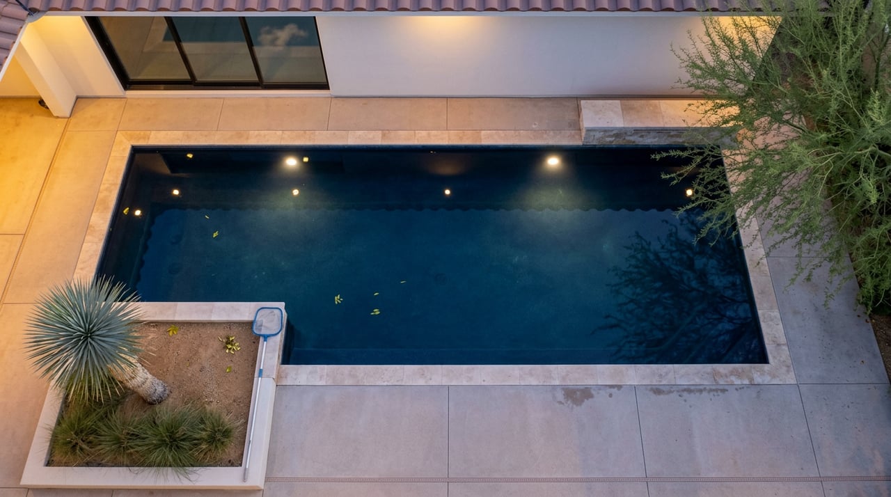 Rectangular pool with glowing underwater lights, bordered by pale decking and a yucca beneath a cobalt sky.