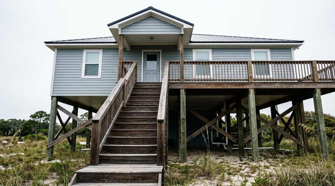 A weathered coastal home stands on timber pilings, with wooden stairs and a wind-swept pine nearby.