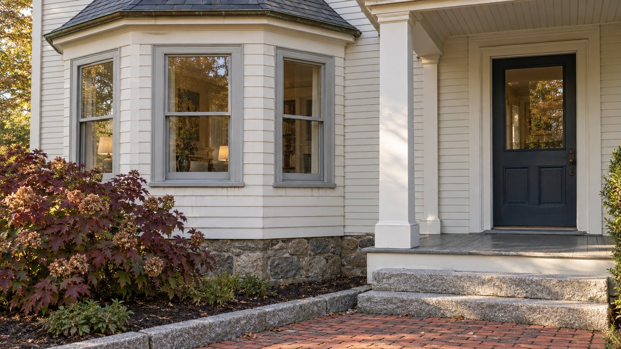 Morning light on an ivory clapboard house's slate-roofed bay windows, covered blue-door entry, granite steps, and an oakleaf hydrangea with autumn leaves.