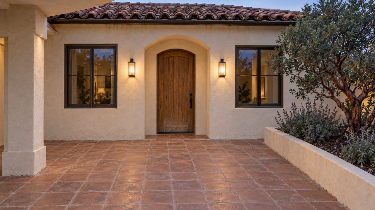 Cream stucco home entry at dusk with an arched oak doorway, paired glowing sconces, terracotta paving and a sculptural manzanita in a raised bed.